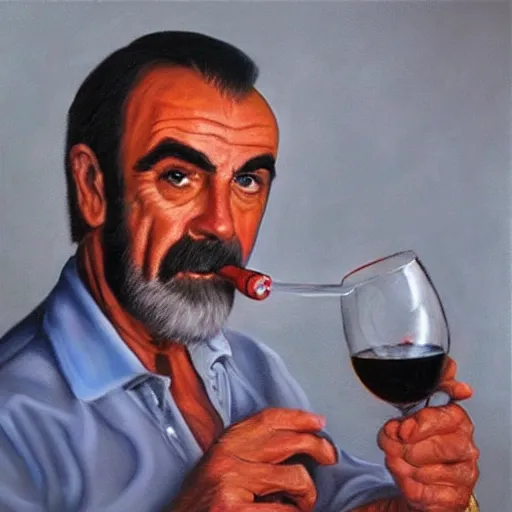 Prompt: detailed realistic oil painting of Sean Connery drinking wine