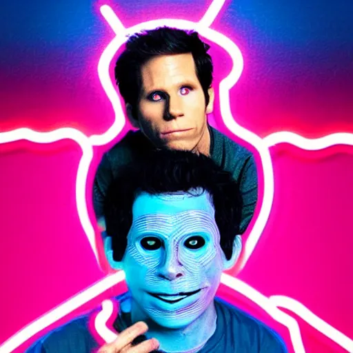 Image similar to dennis reynolds wearing half of a jason hokey mask. pink and blue neon with red and black letters in neon font that says the golden god butcher knife movie poster