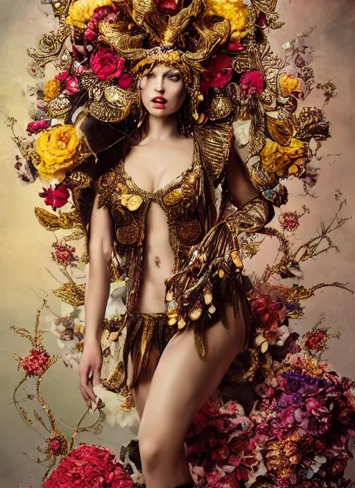 Prompt: expressive full body photo of a female model, ornate headpiece made from flowers, ornaments, glamour shot, by karol bak, by stefan gesell, photorealistic, canon r 3, fashion photography, detailed and intricate, perfect body shape, hyper maximalist, elegant, ornate, luxury, elite, environmental portrait, symmetrical features, octane render, unreal engine