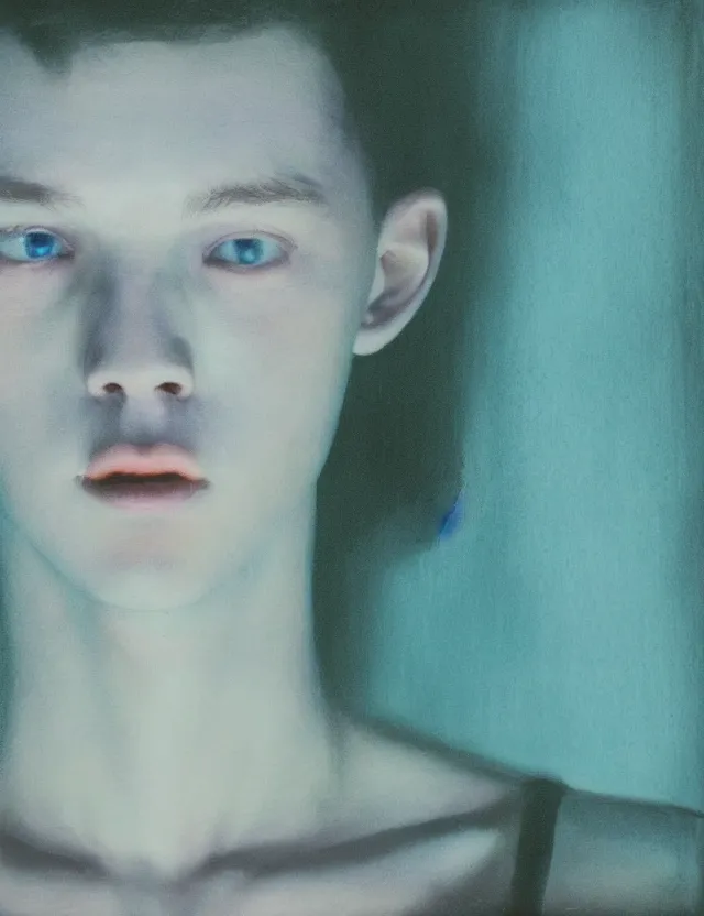 Image similar to boy in dark room praying, blue rays from tv, redshift, colour shift, wide shot, coloured polaroid photograph, pastel, kodak film, hyper real, stunning moody cinematography, by maripol, fallen angels by wong kar - wai, style of suspiria and neon demon, david hockney, detailed, oil on canvas