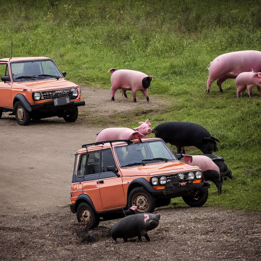 Image similar to pig driving, lada niva, award winning photography