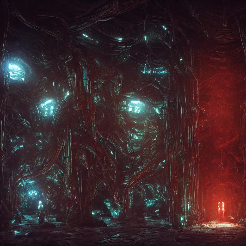 Image similar to Prometheus biological sci-fi corridor set in a nightmarish universe of odd forms and somber tapestry, humans exploring, HR Giger, vivid color scheme, featured in artstation, octane render, cinematic, elegant, intricate, 8k