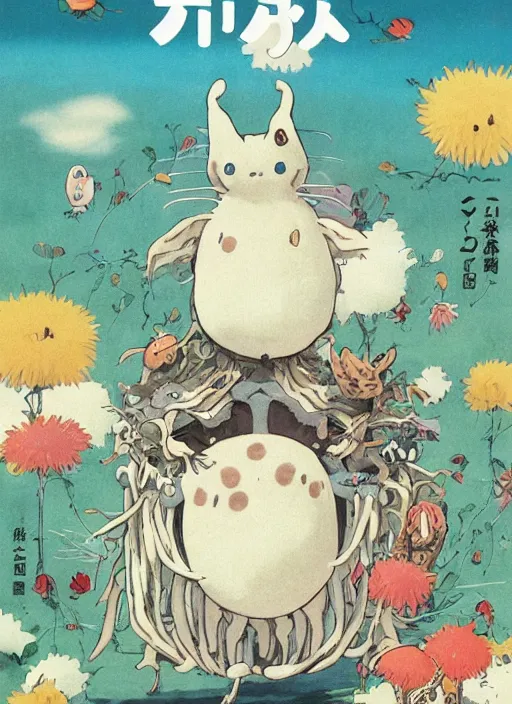 Image similar to a beautiful japanese magazine cover of a cute strange animal, illustrated by miyazaki, highly detailed, concept art, trending, poster