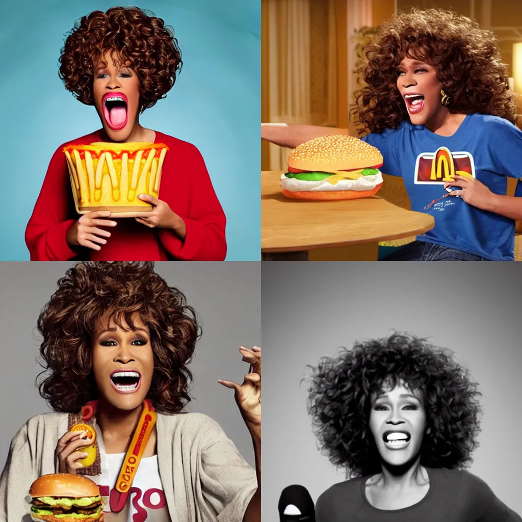 Prompt: A portrait of special needs Whitney Houston singing about how she will always love McDonalds. Massive grin. Mad TV. cursed and haunted.