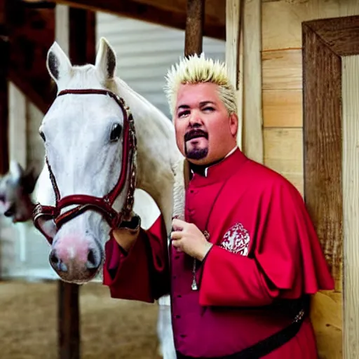 Image similar to guy fieri dressed as the pope cleaning a horse stall, a horse is staring at him while he is doing his work, award winning photo,