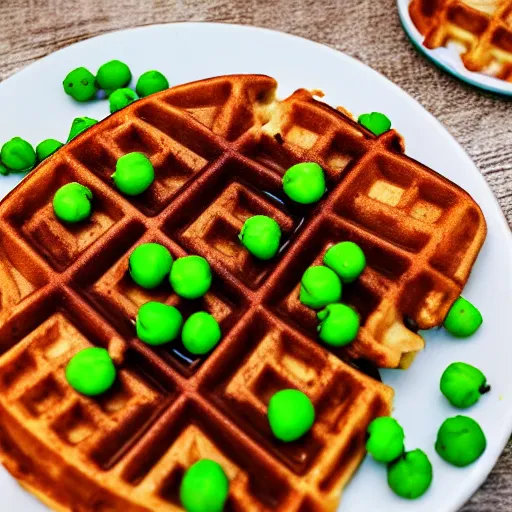 Prompt: A waffle with peas on it, photograph