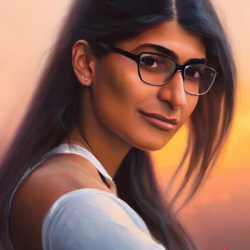 Image similar to a closeup portrait of a mia khalifa, dramatic light, lake background, sunset, dark, painted by stanley lau, painted by greg rutkowski, painted by stanley artgerm, digital art, trending on artstation