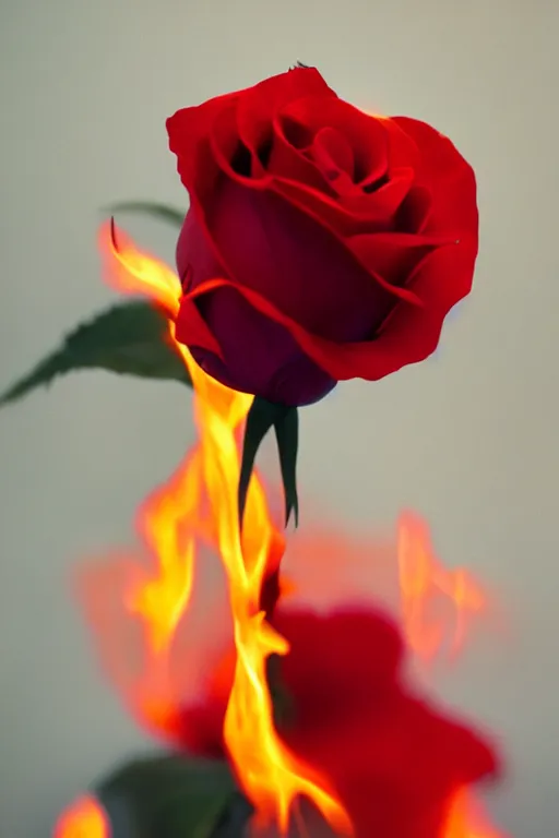 Image similar to Photo of A red rose on fire, highly detailed, depth of field, fine art photography, Cinestill 800t, wide shot, photo print, best selling.