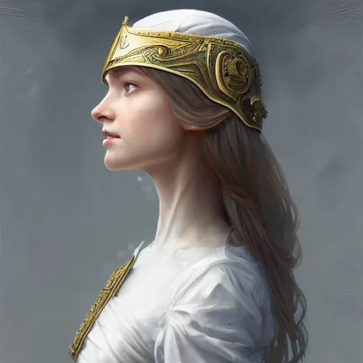 Prompt: portrait of a young woman wearing an elegant white dress and a knight helmet, scared, intricate, headshot, highly detailed, digital painting, artstation, concept art, sharp focus, cinematic lighting, illustration, art by artgerm and greg rutkowski, alphonse mucha, cgsociety