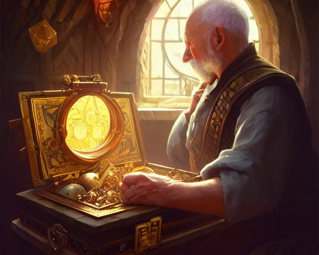 Image similar to photography of an old man picklocking a treasure chest, deep focus, d & d, fantasy, intricate, elegant, highly detailed, digital painting, artstation, concept art, matte, sharp focus, illustration, hearthstone, art by artgerm and greg rutkowski and alphonse mucha