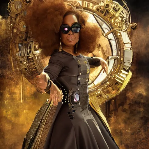 Prompt: oprah winfrey steampunk cyborg, fantasy, sharp focus, contemporary fashion shoot, by edward robert hughes, annie leibovitz and steve mccurry, david lazar, jimmy nelsson, extremely detailed, hyperrealistic, perfect face, octane render