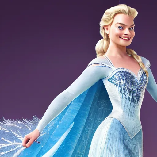 Image similar to Margot Robbie as Elsa in disney frozen live action, 8k full HD photo, cinematic lighting, anatomically correct, oscar award winning, action filled, correct eye placement,