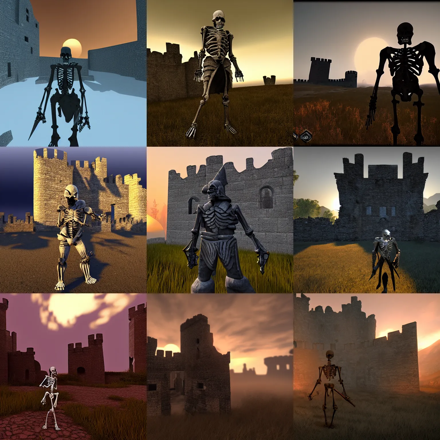 Prompt: skeletal warrior guarding ruins of a castle in sunset, dramatic lighting, unity engine