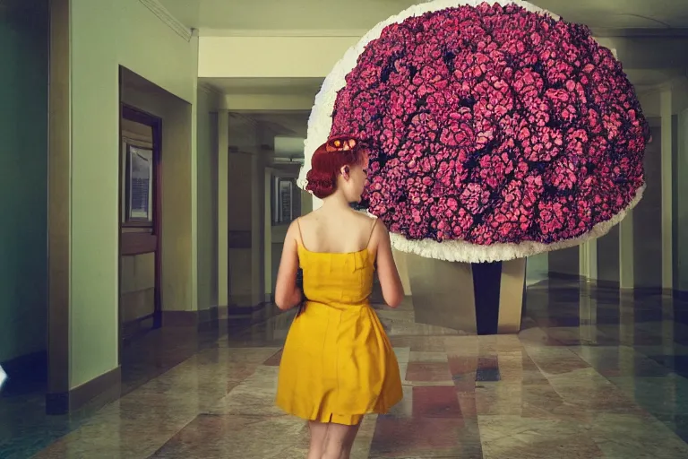 Image similar to giant flower head, girl walking in 1 9 6 0 s hotel, surreal, symmetry, mid century, fanciful, hue, detailed, wes anderson