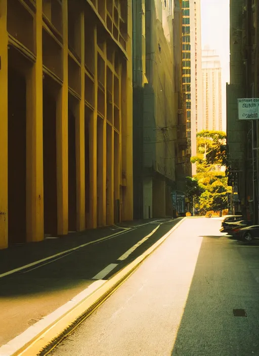 Image similar to minimalist street photography by wes anderson and by ansel adams, singapore cbd, portra 4 0 0, intense shadows, warm hue, golden hour