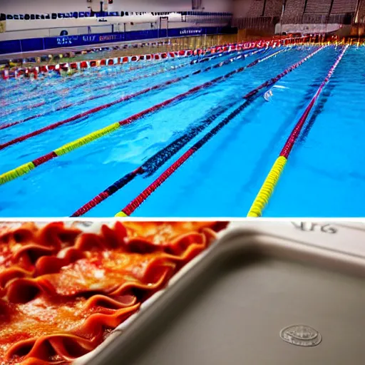 Prompt: olympic swimming pool filled with lasagna