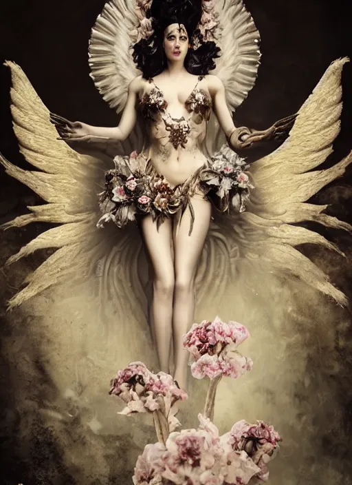 Image similar to expressive full body photo of a female model as beautiful angel, ornate headpiece made from flowers, ivory, ornaments, glamour shot, by karol bak, by stefan gesell, octane render, unreal engine, photorealistic, canon r 3, fashion photography, painted studio backdrop, environmental portrait, dark fantasy, dark beauty, magazine, symmetrical features