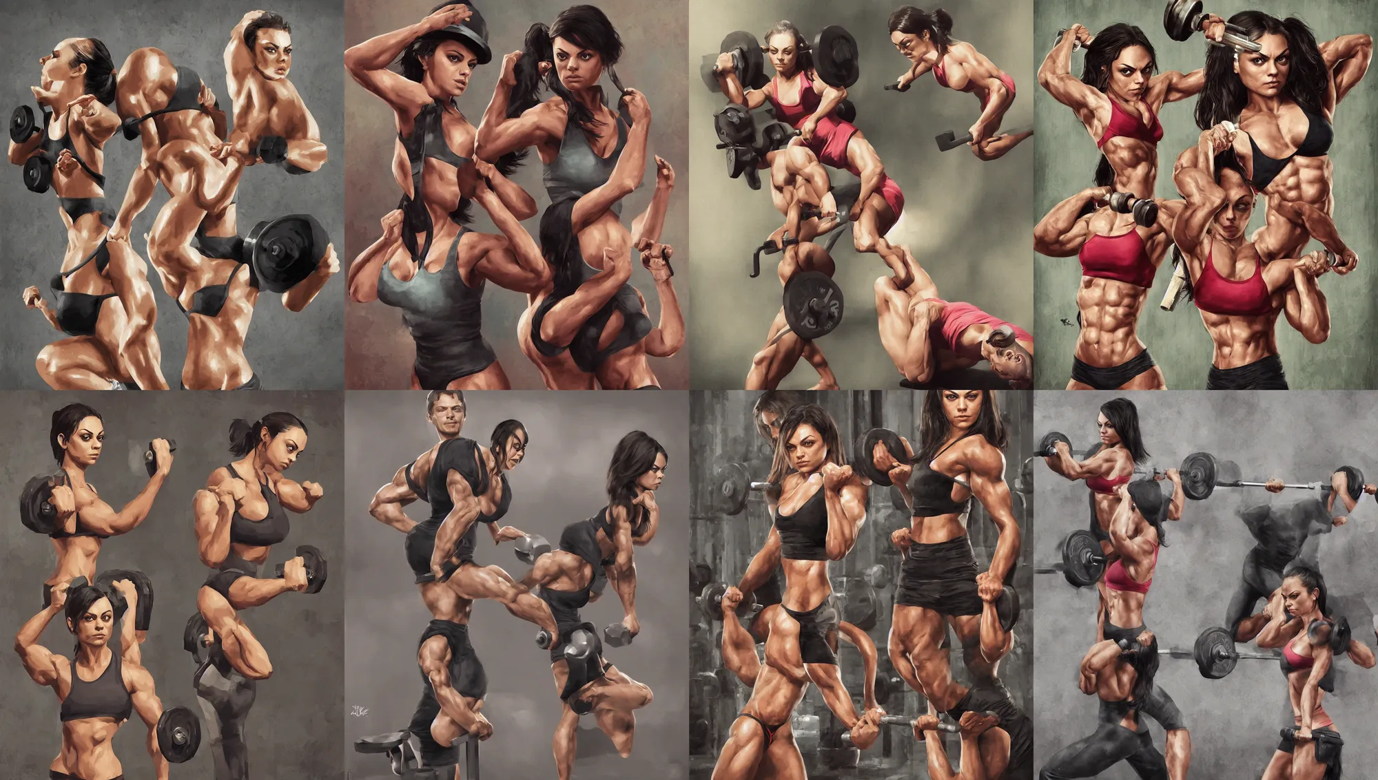 Prompt: bodybuilder mila kunis working out, wlop, steve argyle, ilya kuvshinov, rossdraw, mark ryden, daniel f. gerhartz,