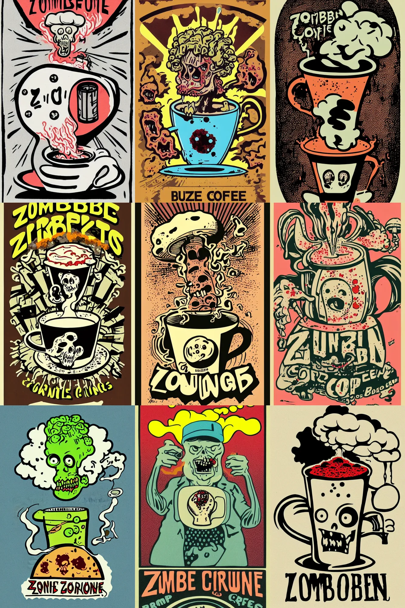 Prompt: zombie drinking coffee logo, brain mushroom cloud coming from cup, by mcbess, full colour print, vintage colours, 1960s