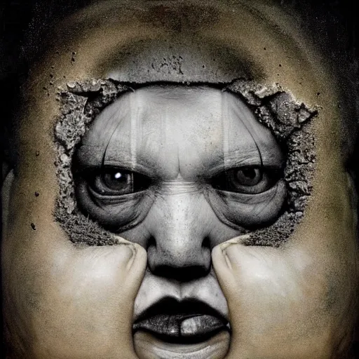 Image similar to portrait of the face of fat old sumoringer as despair from sandman, venus of willendorf, by jeremy mann, by gregory crewdson, by bastien lecouffe deharme, by russ mills, sad face, topknot, black hair, mourning, black eyes, white room, soft lightning, high detailed, 8 k