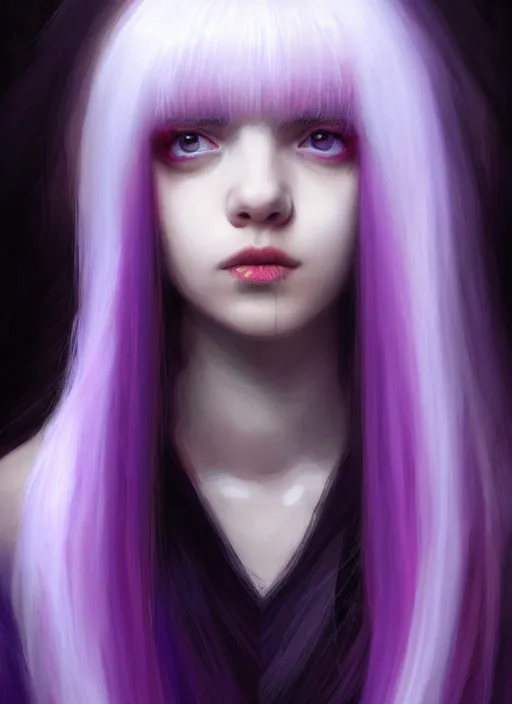 Image similar to hair whitebangs hair, black hair, whitebangs, portrait of teenage girl with white bangs, red irises, purple clothes, white bangs, bangs are different color from hair, intricate, elegant, glowing lights, highly detailed, digital painting, artstation, concept art, smooth, sharp focus, illustration, art by wlop, mars ravelo and greg rutkowski