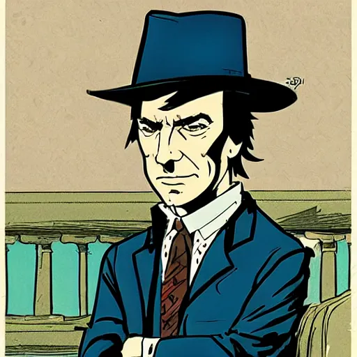 Prompt: saul goodman as a comic novel character in the style of corto maltese by hugo pratt
