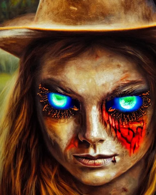 Image similar to acrylic portrait of scarred cowgirl with with burning glowing eyes, high production value, intricate details, high resolution, hdr, high definition, masterpiece, realistic, ultrarealistic, highly detailed, hd, sharp focus, non blurry, sharp, smooth