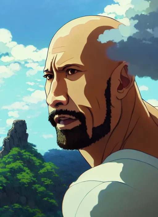 Image similar to portrait of dwayne rock johnson, cloudy sky background lush landscape illustration concept art anime key visual trending pixiv fanbox by wlop and greg rutkowski and makoto shinkai and studio ghibli