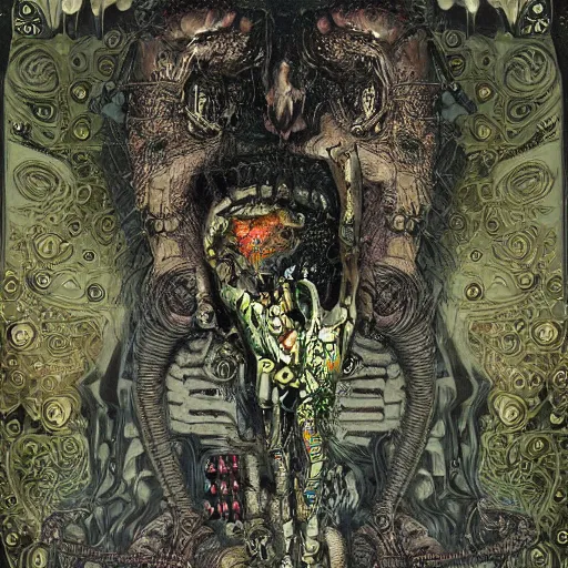 Image similar to depraved cybernetic demon, lsd, mushrooms, circuitry, intricate detail, klimt, frazetta, giger,