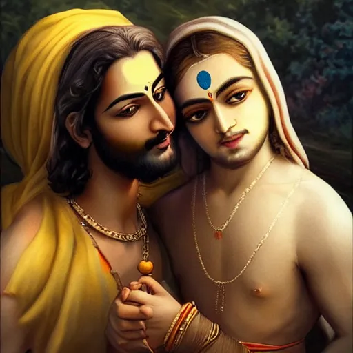 Image similar to Krishna and Jesus, digital art, artstation, award winning, realism, very detailed, masterpiece