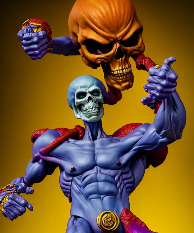 Image similar to hyperrealistic rendering, skeletor, by art of skinner and richard corben and jeff easley, product photography, action figure, sofubi, studio lighting, colored gels