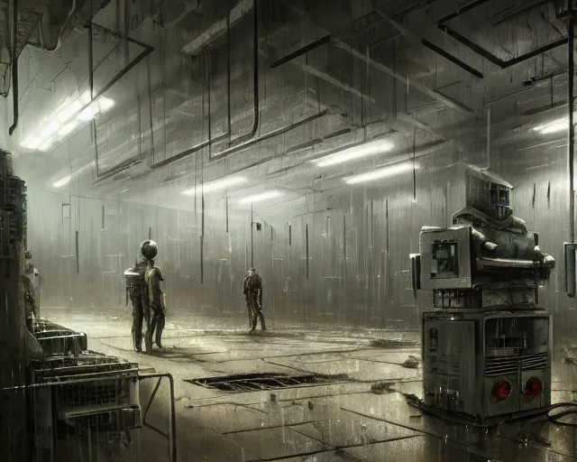 Prompt: gloomy ruined server room in datacenter robot automata rusty steel robot knight colossus welder pacing fixing mono eyed, sharp focus, emitting diodes, smoke, artillery, sparks, racks, system unit, motherboard, by pascal blanche rutkowski repin artstation hyperrealism painting concept art of detailed character design matte painting, 4 k resolution blade runner