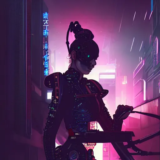 Image similar to portrait of a fierce dangerous cyberpunk hacker cyborg samurai in neotokyo at night, futuristic cyberpunk tokyo night, sci - fi and fantasy, intricate and very beautiful, highly detailed, digital painting, artstation, concept art, smooth and sharp focus, illustration, art by tian zi and wlop and alphonse mucha