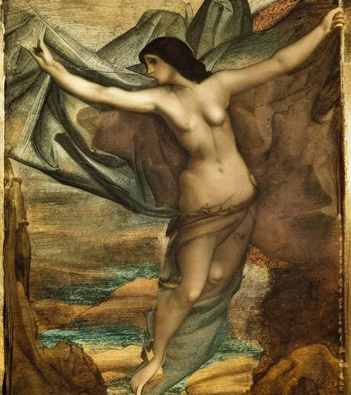 Image similar to godess of the night nyx in her primordial form in a shadwy position drawn in a painting style by leonardo da vinci, high quality, mystical