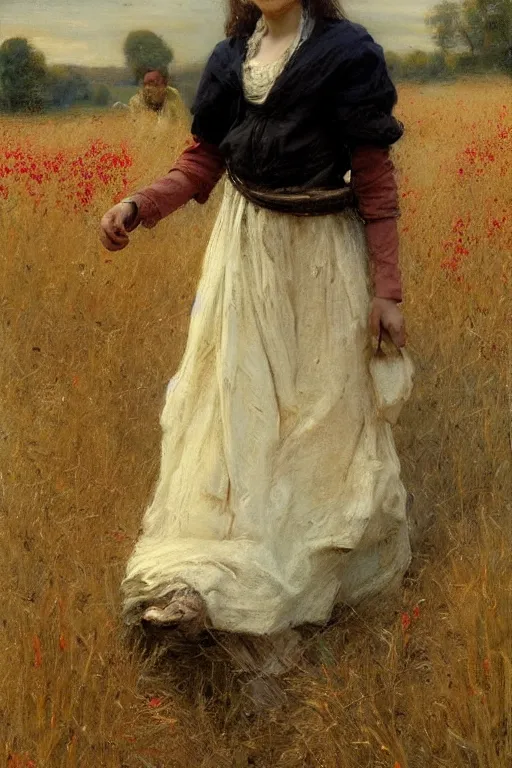 Image similar to Solomon Joseph Solomon and Richard Schmid and Jeremy Lipking victorian genre painting full length portrait painting of a young cottagecore walking in a wheat field, red background