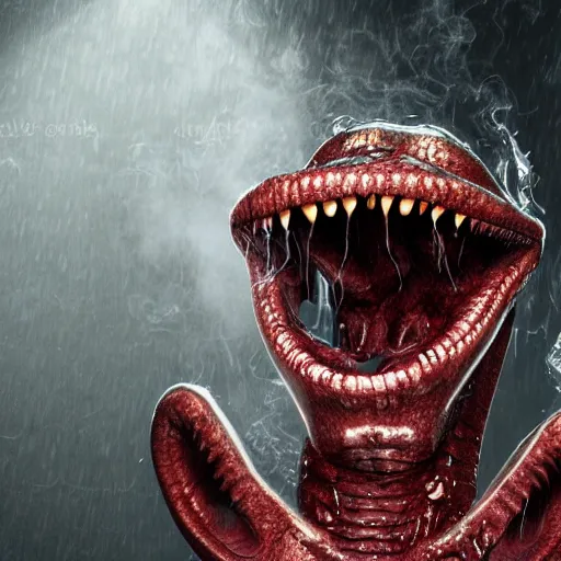 Image similar to realistic long textured tongue, wet humanoid alien,, dripping acid saliva, smoke, mouth in mouth, 8 alien eyes, metallic fangs, thin red veins, grey snake scale skin, cinematic light shadows, slimy reflections, crawling in a sewer pipe, flashlight lighting, insanely detailed