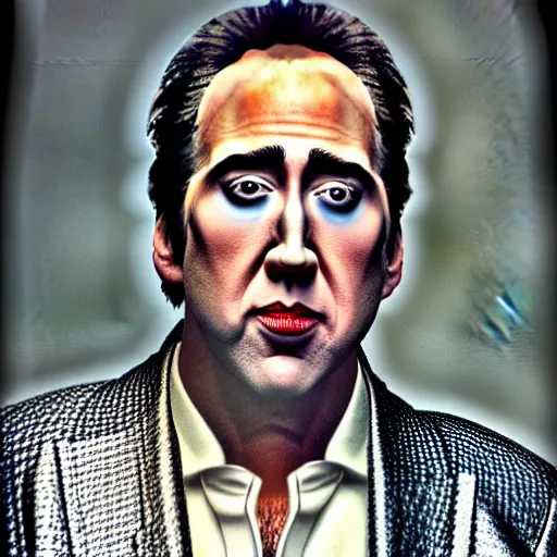 Prompt: uhd candid photo of nicholas cage made out of chickenwire. correct face, accurate face, exaggerated features, intricate details, intricate clown makeup, hyperdetailed, accurate face. photorealistic. photo by annie leibowitz