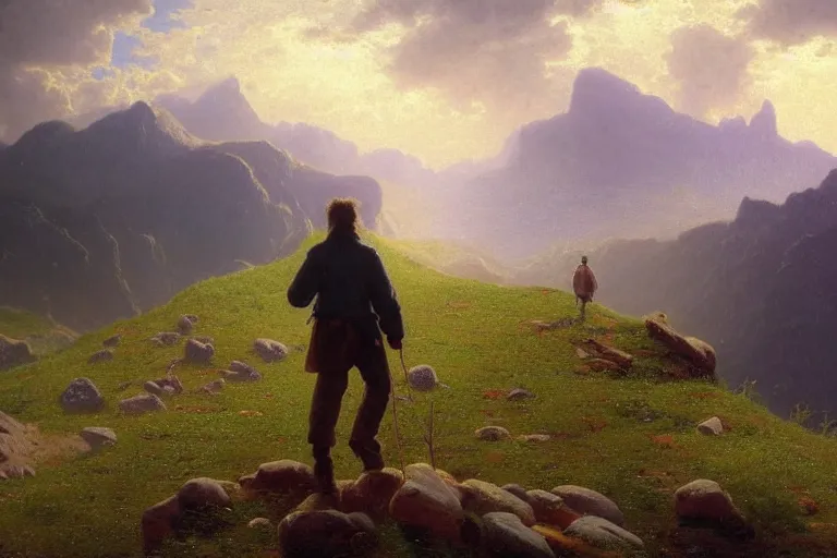 Prompt: a traveler wandering trough the mountains looking at the clouds, very detailed, focused, oil painting, cinematic lighting, albert bierstadt, trending on artstation, colorful, canvas, sunset, hans dahl, theodor kittelsen, hermann hendrich, national geographic, Konstantin Yakovlevich Kryzhitsky, greg rudkowski, beautiful nature, breathtaking