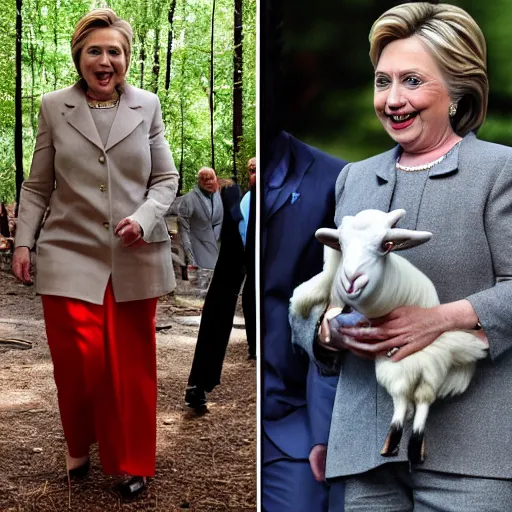 Image similar to hillary clinton wearing a goat head at the bilderberg meeting in the forest