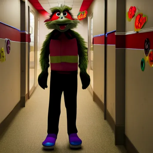 Prompt: movie still of chuck e cheese standing creepily in a empty hallway, dark energy, 4 k, directed by todd philips
