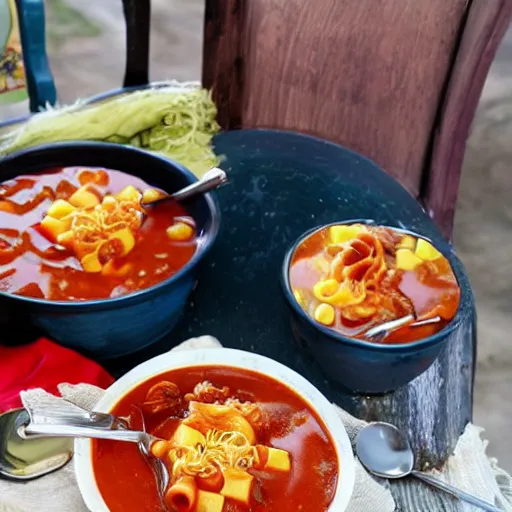 Prompt: emma watson inside a goulash soup bowl