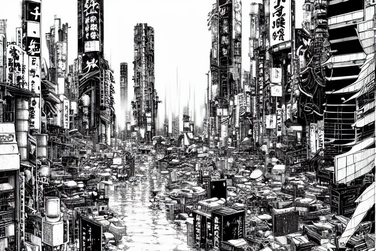 Image similar to high quality illustration of a japanese flooded cyberpunk city in the style of ghost in the shell and blame and akira, manga, black and white, pencil, traditional art, anime, by katsuhiro otomo and tsutomu nihei and masamune shirow and studio ghilibi and yukito kishiro, highly detailed, sharp lines