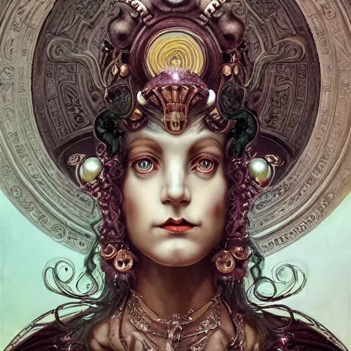 Prompt: masterpiece baroque neoclassicist closeup renaissance portrait of an art deco witch, glowing eyes. reflective detailed textures, highly detailed fantasy science fiction painting by peter mohrbacher and annie swynnerton, and jean delville and nicholas roerich and evelyn de morgan, elaborate geometric ornament, ancient runes, silver and cool colors. artstation