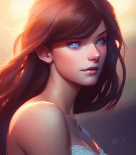 Image similar to beautiful portrait of an insanely gorgeous woman with blue eyes, brown hair and a perfect body, character design by charlie bowater, ross tran, artgerm, and makoto shinkai, detailed, soft lighting, rendered in octane