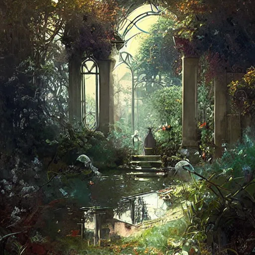 Image similar to The Secret Garden, painting in the style by Greg Rutkowski