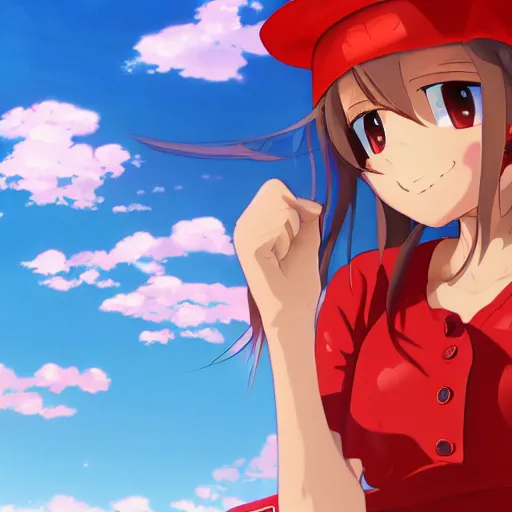 Image similar to close up of a high definition anime girl with a red cap in a red bike with the word \'rappi\' in it with armenia quindio in the background , Artwork by Makoto Shinkai, pixiv, 8k, official media, wallpaper, hd