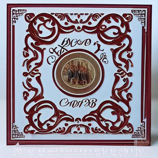 Prompt: Card back render with frame accomplished, style lettering, Vintage, detailed decorative flourishes, symmetrical centered