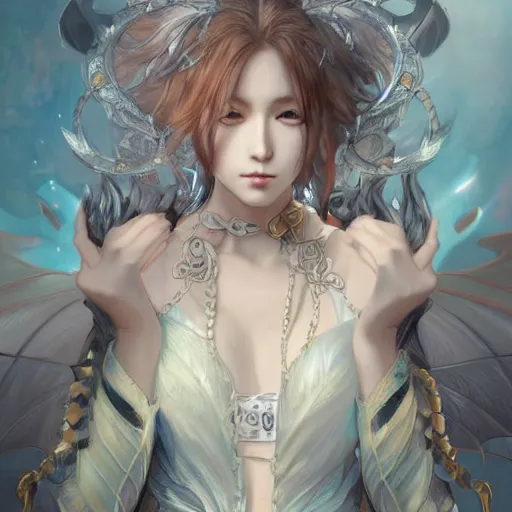 Prompt: An anime young woman dragon hybrid, scales and jewelry of gold and silver, intricate, digital painting, highly detailed, concept art, Artstation, Cgsociety, Artgerm, Alphonse Mucha, Wlop