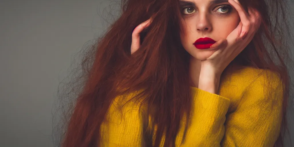 Prompt: a close up photo of a beautiful young woman with accents of yellow and red. Moody and melanchony