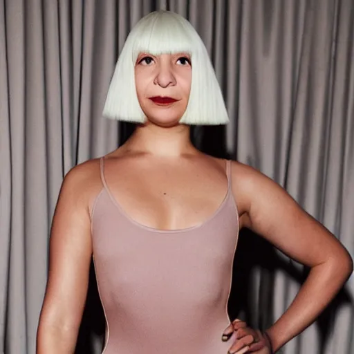 Image similar to sia furler wearing a skin colored leotard full body artistic photoshoot